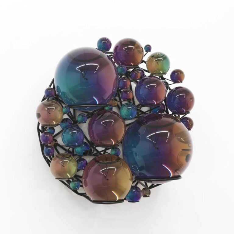 ‘Iridescent dewdrop’, 2025, emerged from Olafur’s ongoing exploration of optical devices, mirrors, and lenses.