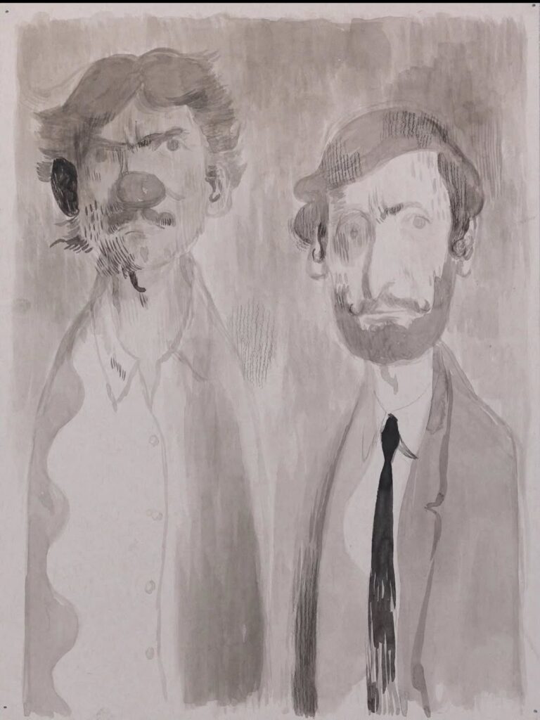 Two Uncles, 2024, charcoal and gouache on paper, 12 x 9 inches