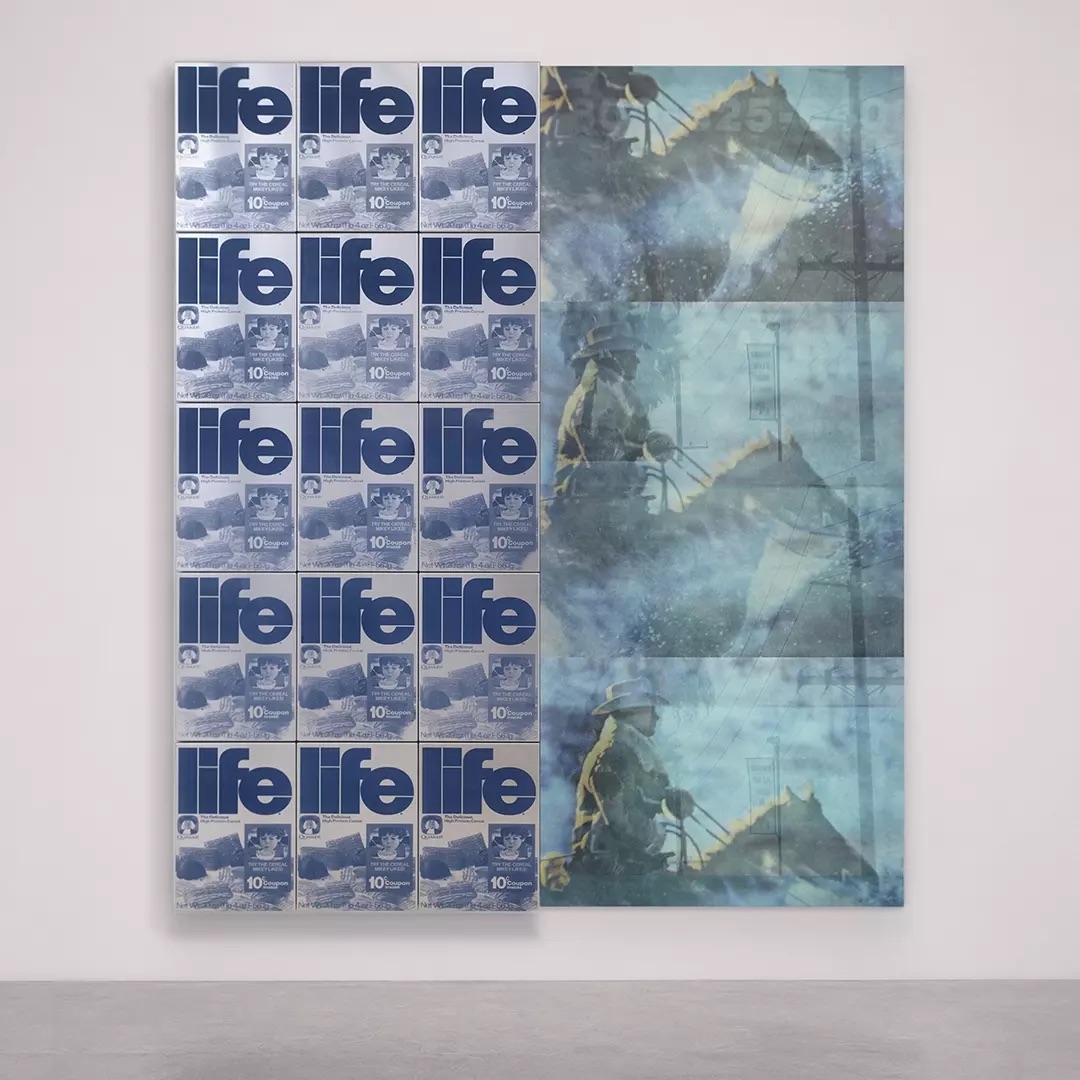 “For Robin Kid, the cowboy is less a historical figure than one of the most successful cultural images produced by America. — image 1. 📸 LIFE, 2025/2026, milled aluminum boxes, bi-component polyurethane silkscreen paint, gesso, pigment, oil, linen canvas mounted on aluminum panel, 200 x 170 x 7,5 cm